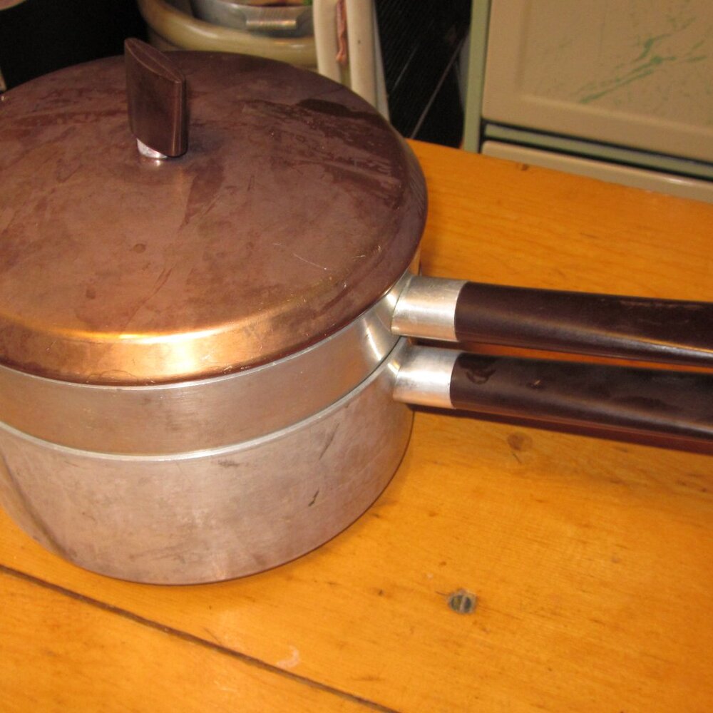 vintage Rare West Bend heavy cast aluminum double boiler 3 qt copper lid